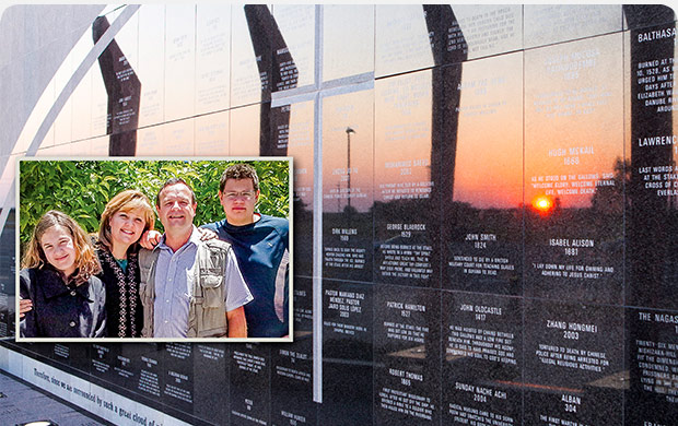 Groenewald family and Martyrs Memorial at VOM's headquarters in Oklahoma