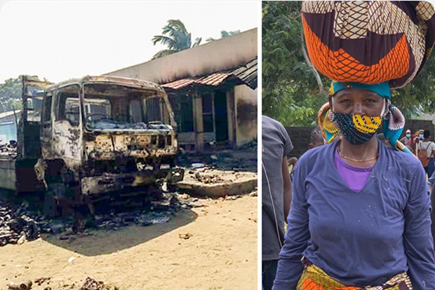 Burnt out truck; woman carrying items on her head